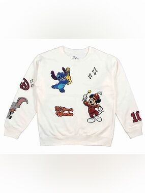 Disney White Crewneck Sweatshirt with Stitch and Mickey Graphics